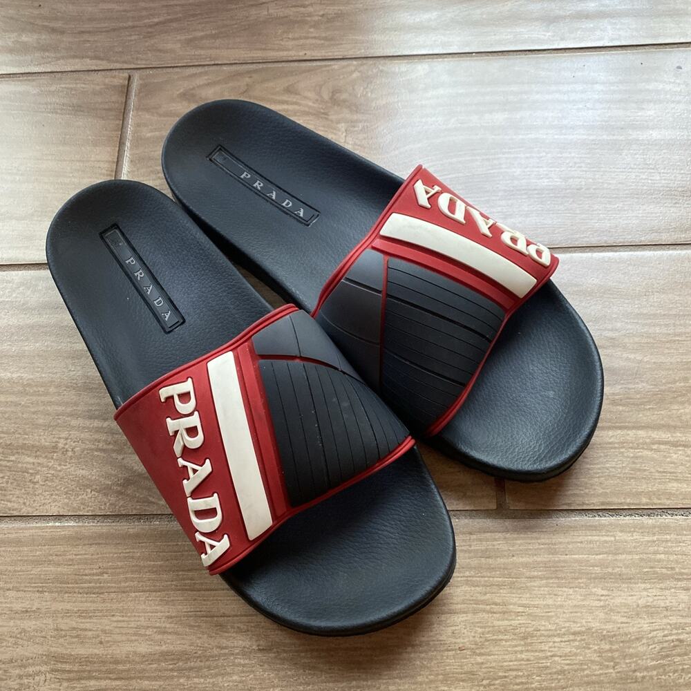 PRADA Sport Mens Black Red Gray White Logo Slides Sandals US Size 11